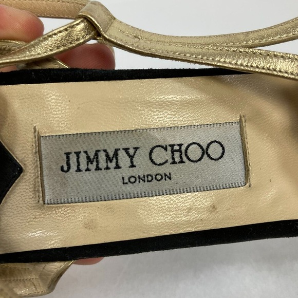 Jimmy Choo‎ Sandals Womens Sz 7.5 Black Gold Leather Strap Stiletto Heel Italy - Picture 8 of 10